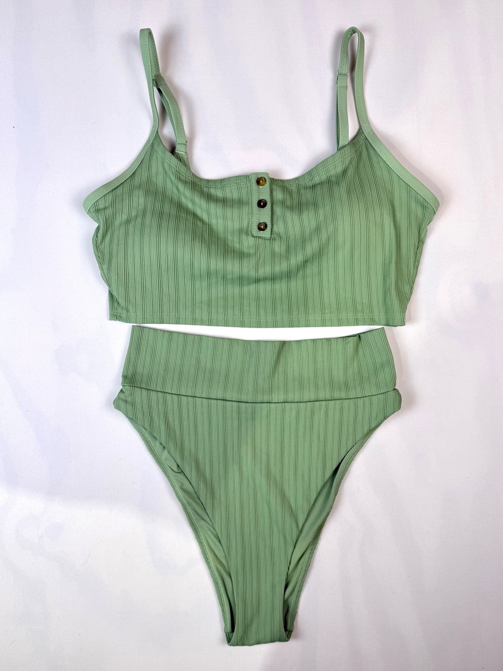 Aerie Ribbed Sage Green High Cut Cheeky Bikini Set Scoop Top Mixed Sizes M/L - Picture 1 of 12
